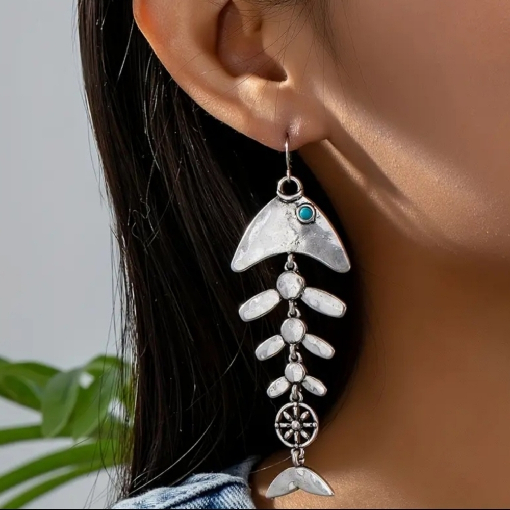 Vintage Inspired Boho Fish Bone Dangle Earrings With Turquoise Accents